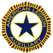 The ALA's emblem; a circular shape with gold edges, a blue star, and the words American Legion Auxiliary around it.